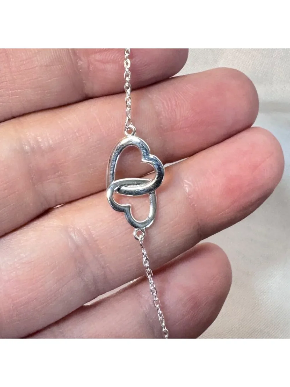 Double Interlocking Hearts Sterling Silver 925 Link Bracelet 7.5'' Length